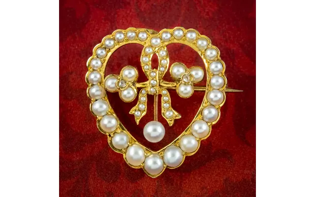 Antique Edwardian Pearl Diamond Heart Brooch 15ct Gold product image
