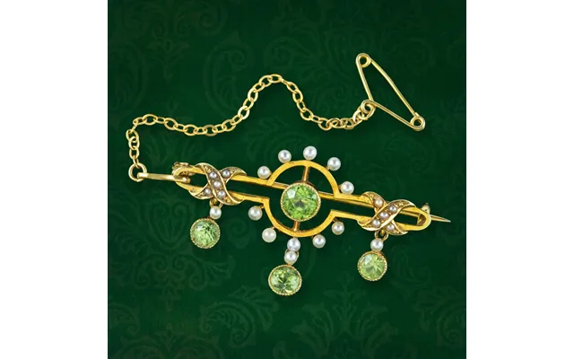 Antique Edwardian Peridot Pearl Bar Brooch 15ct Gold product image
