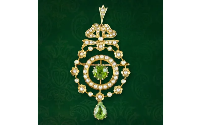 Antique Edwardian Peridot Pearl Pendant Brooch 15ct Gold product image