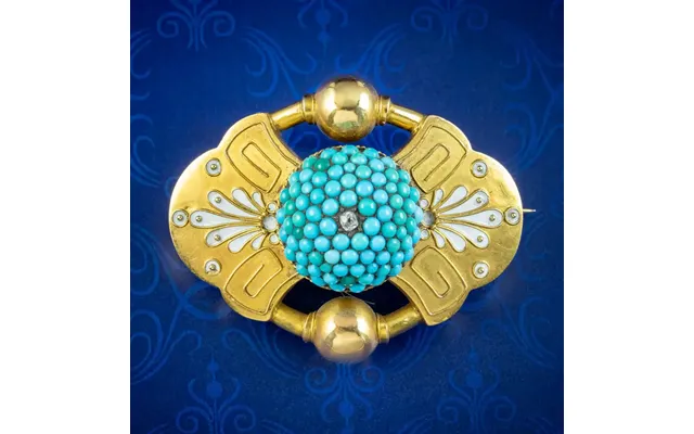 Antique Victorian Etruscan Turquoise Diamond Mourning Brooch 18ct Gold product image