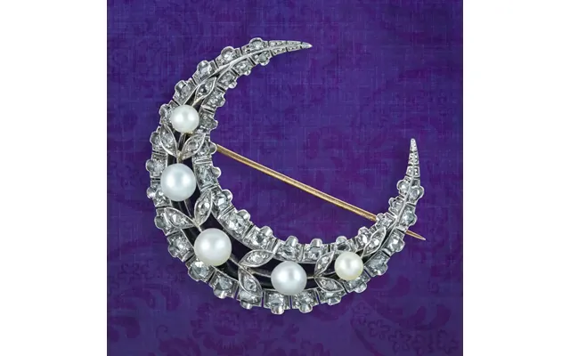 Antique Victorian French Pearl Diamond Crescent Moon Brooch product image