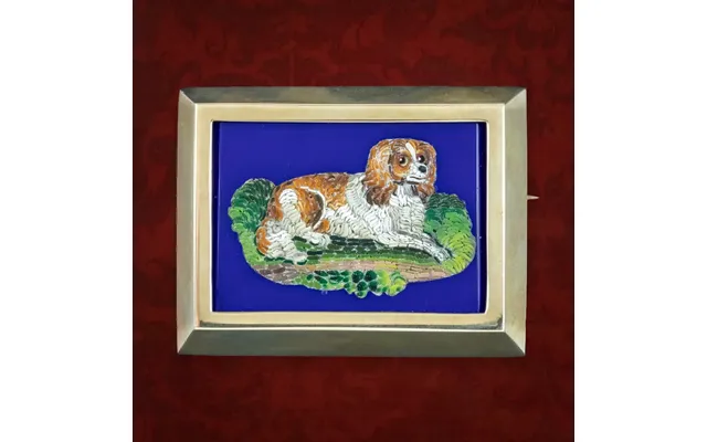 Antique Victorian Micro Mosaic Dog Brooch 15ct Gold Frame product image