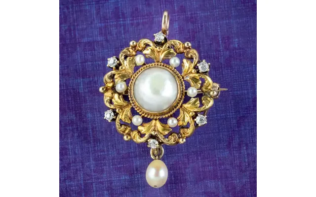 Antique Victorian Pearl Diamond Pendant Brooch 18ct Gold product image