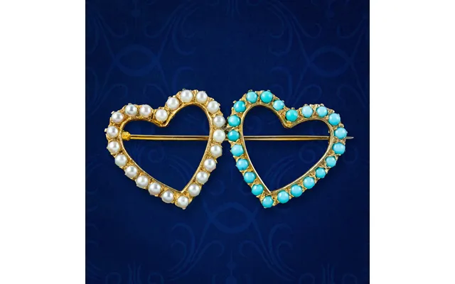 Antique Victorian Turquoise Pearl Double Heart Brooch 18ct Gold product image