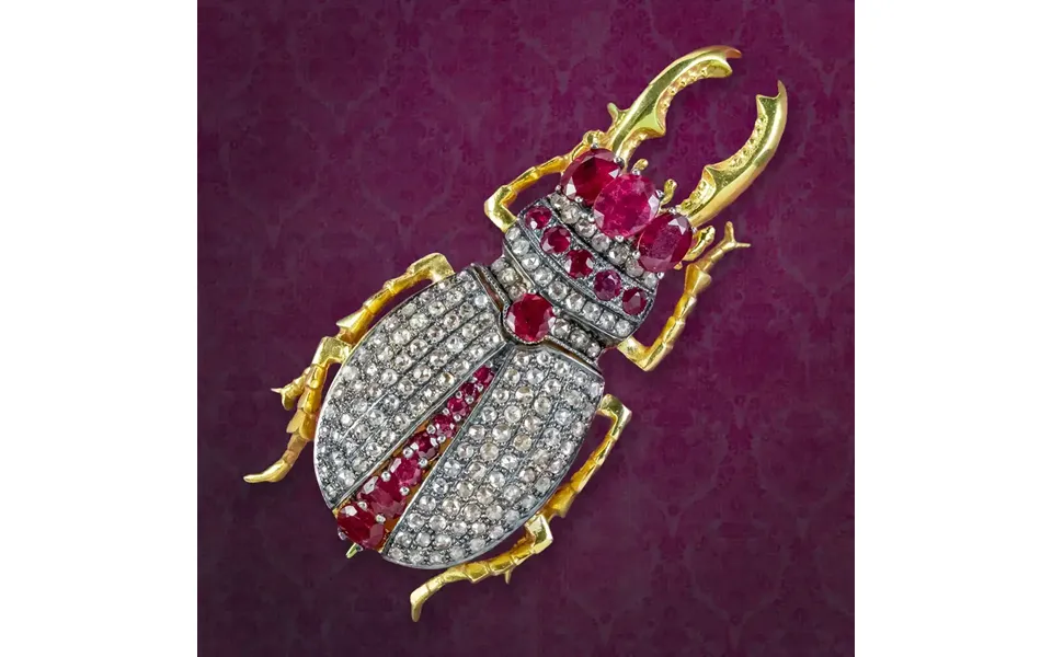 Edwardian Style Ruby Diamond Stag Beetle Brooch Silver 18ct Gold Gilt