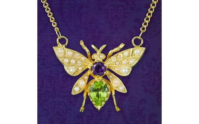 Edwardian Style Suffragette Bee Necklace Peridot Pearl Amethyst