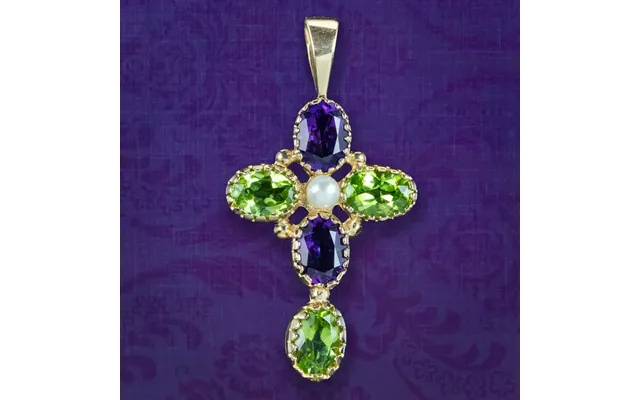 Edwardian Suffragette Style Cross Pendant 9ct Gold Amethyst Peridot Pearl
