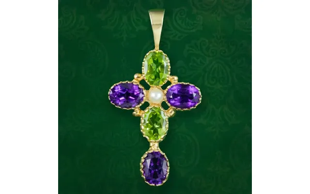 Edwardian Suffragette Style Cross Pendant 9ct Gold Amethyst Peridot Pearl