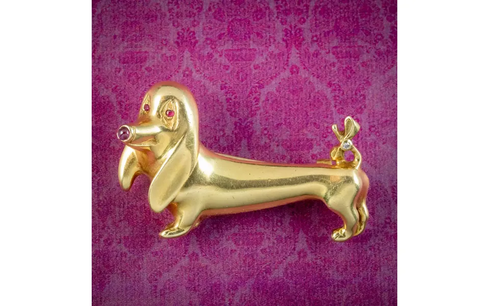 Vintage Sausage Dog Brooch 18ct Gold Ruby And Diamond