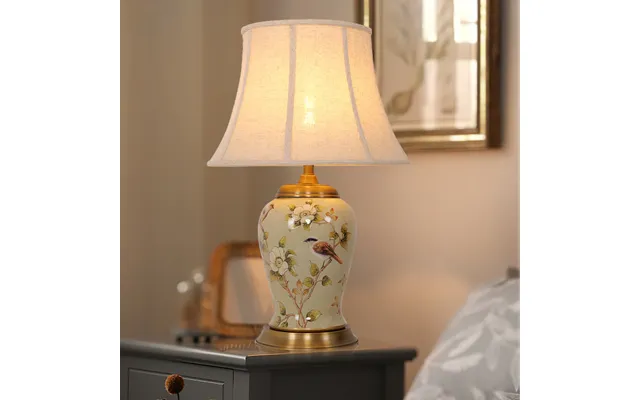 Vintage Camellia Ceramic Table Lamp With Copper Base And Fabric Shade product image