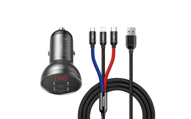 Baseus Car Charger 2x Usb 4.8a 24w With Lcd 3in1 Cable Usb - Usb Type C Micro Usb Lightning 1