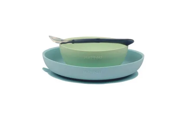 Bowl Plate Set With Suction Cup And Spoon - Blue And Green