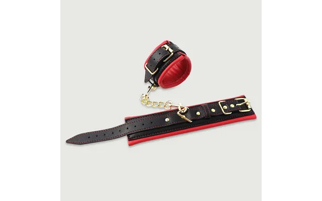 Leather Cuff Set With Gold Chain & Padded Lining - Red Black