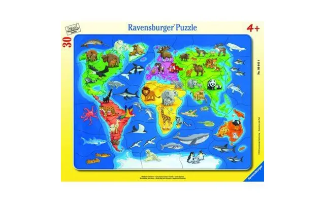 Puzzle World Map With Animals - 30 Pieces