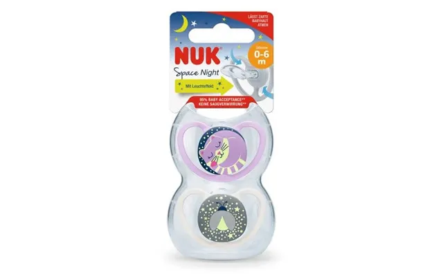 Silicone Pacifier For Girls Space Night, 2 Pieces, 0 - 6 Months, Nuk