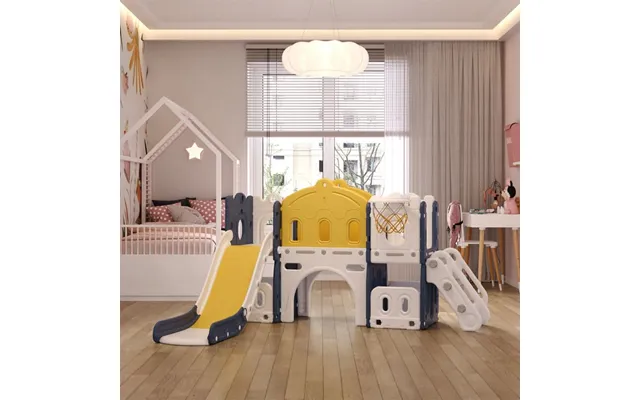 190 Cm Wide Indoor Basketball Hoop Toddler Slide City Wall Kids Activity Playset - Blue And Yellow