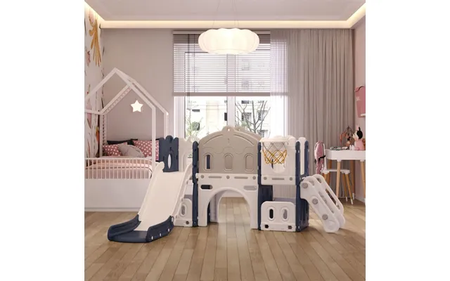 190 Cm Wide Indoor Basketball Hoop Toddler Slide City Wall Kids Activity Playset - Grey And Blue