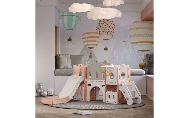 190 Cm Wide Indoor Basketball Hoop Toddler Slide City Wall Kids Activity Playset - Grey And Pink