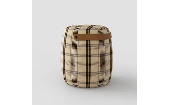 Haven British Check Round Pouffe Footstool With Leather Handle - Beige Taupe