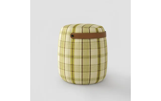 Haven British Check Round Pouffe Footstool With Leather Handle - Moss Green