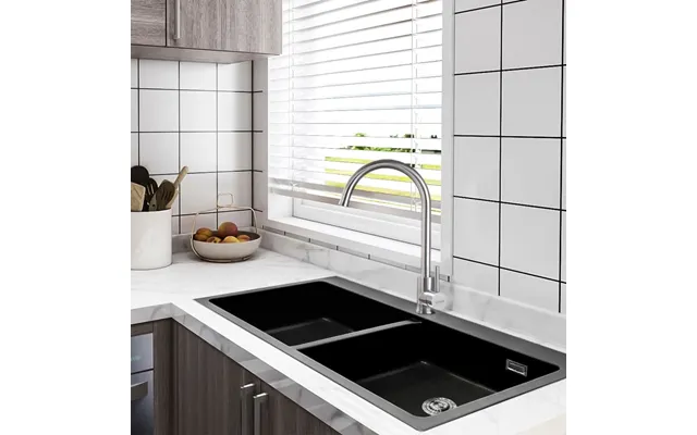 Quartz Undermount Kitchen Sink Double Bowl Black Grey - Black With Side