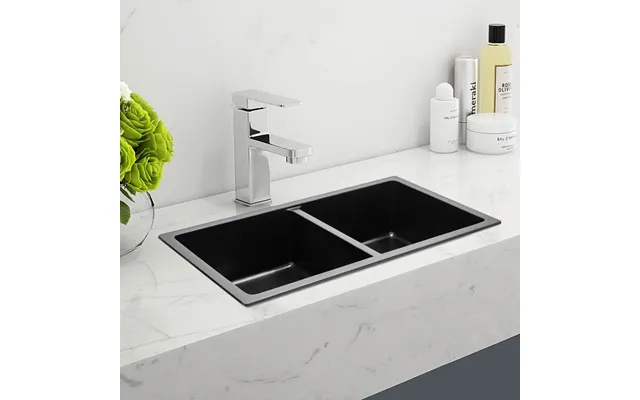 Quartz Undermount Kitchen Sink Double Bowl Black Grey - Black Without Side