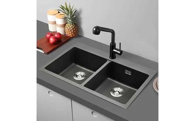 Quartz Undermount Kitchen Sink Double Bowl Black Grey - Grey With Side