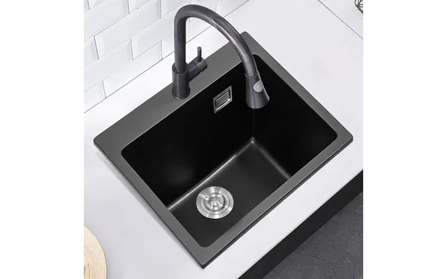 Quartz Undermount Kitchen Sink Single Bowl In Black - 55cm W X 49cm D X 21cm H