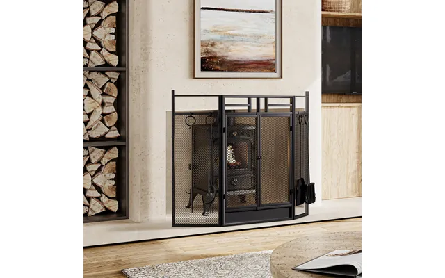 Smallbee Iron Fireplace Screen With 4-piece Tool Set - Black Powder-coated 122x1