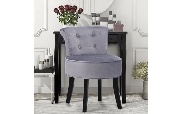 Tufted Vanity Stool With 4-button Backrest & Black Rubber Wood Legs - Grey