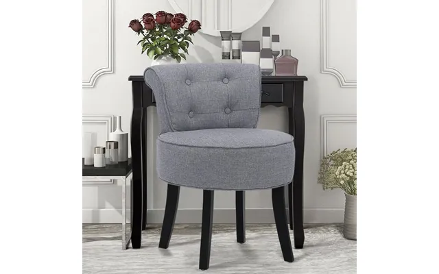 Tufted Vanity Stool With 4-button Backrest & Black Rubber Wood Legs - Light Grey