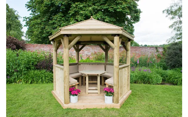 3m Hexagonal Wooden Garden Gazebo With Timber Roof - Furnished With Table, Benches And Cushions product image