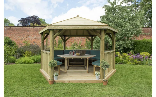 4m Hexagonal Wooden Garden Gazebo With Timber Roof - Furnished With Table, Benches And Cushions product image