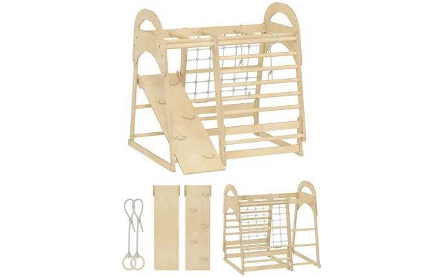 6 In 1 Kids Climbing Frame With Slide, Monkey Bars, Gymnastics Rings, Ladder, Climbing Net, For 3-6 Years, Natural Tone 