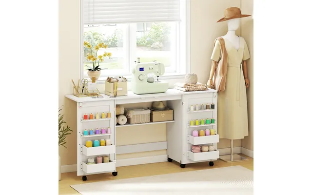 Folding Sewing Table With 2 Magnetic Doors - Storage Shelf