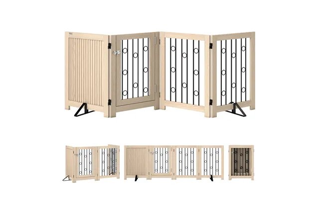 Mcl 4 Panel Freestanding Pet Gate, Indoor Dog Barrier With Lockable Door, Support Feet, 360 Flexible Hinges, Oak - Oak