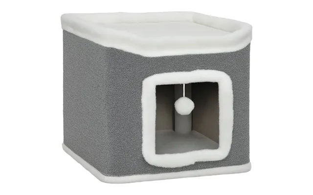 Mcl Cat House For Indoor Kittens, 2-level Cat Cave Bed With Fluffy Balls, Top Bed, Kitten Barrel For Multi Kitties, Grey