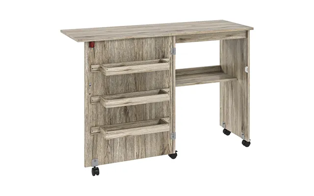 Mcl Folding Sewing Table, Drop Leaf Craft Table With Storage Bins, Open Shelf And Wheels, Rolling Sewing Machine Cabinet