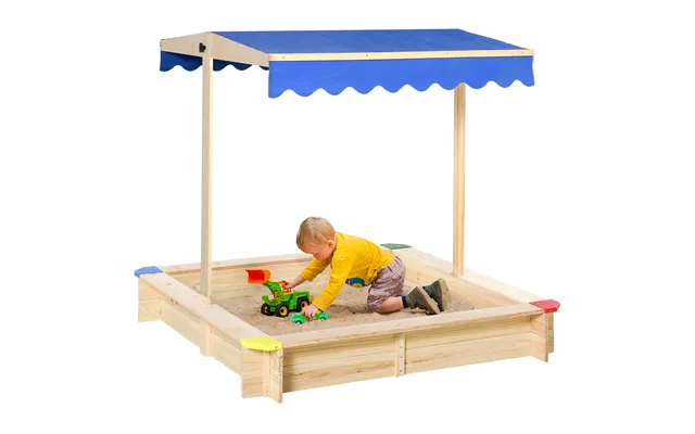 Mcl Kids Wooden Sand Pit Sandbox Children Square Outdoor Playset Adjustable Canopy Bench Seat 120x120x120cm