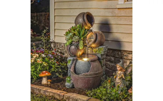 Outdoor Fountain With 4-tier Rustic Pots & Planter - Garden Fountain With Led Lights