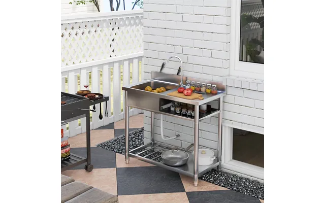 Outdoor Stainless Steel Kitchen Sink - Freestanding Sink Single Bowl With Cold And Hot Water Pipe And Storage Shelves