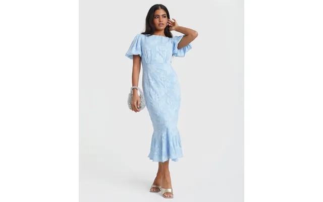 Blue Jacquard Shimmer Puff Sleeve Midi Dress - 18
