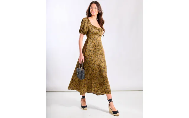 Brown Animal Satin Sweetheart Neck Midi Dress - 10