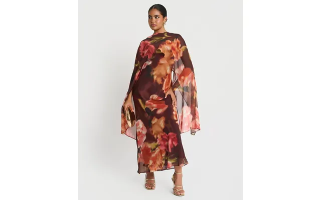 Brown Floral Chiffon Cape Maxi Dress - 14