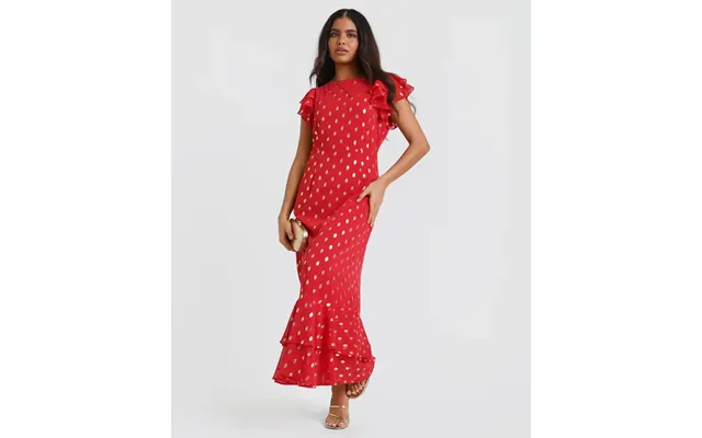 Red Flutter Sleeve Foil Maxi Dress - 14