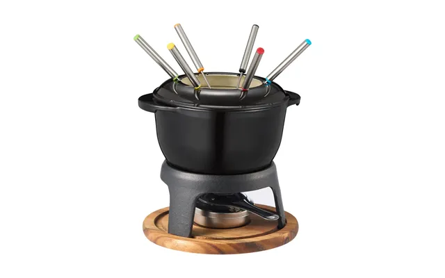 Dorre Foni Fondue Cast Iron Enameled 21×18.4×9.8 Cm Black Acacia Wood Board