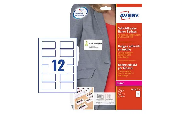 Avery L4782-20 75 X 40mm Self Adhesive Silk Name Badges 20 Sheets - 12 Labels Per Sheet