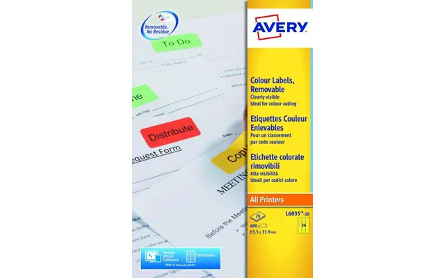 Avery L6035-20 Yellow Removable Labels 20 Sheets - 24 Labels Per Sheet
