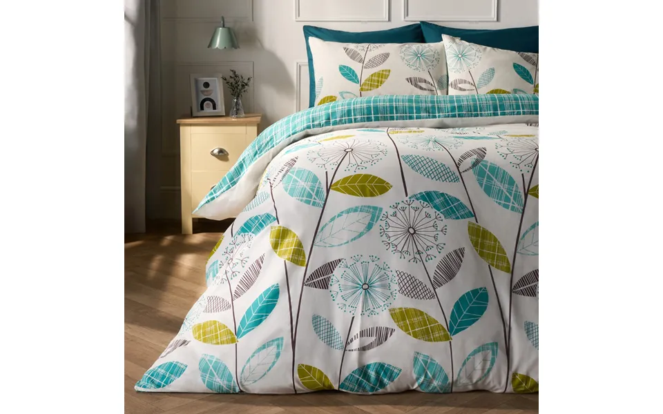 Ohs Allium Floral Tartan Check Bedding Double Duvet Cover Set - Teal Green