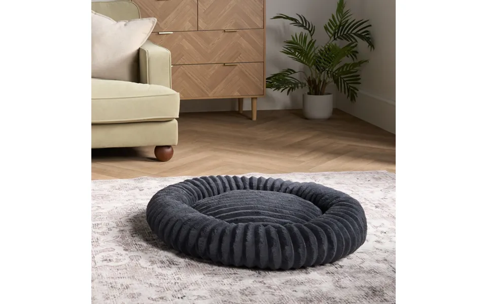 Ohs Faux Fur Ribbed Round Pet Bed, Charcoal - Medium